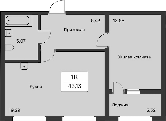 1-комнатная квартира 45.13 м², 12/12 эт., ЖК «Расцветай в Янино»